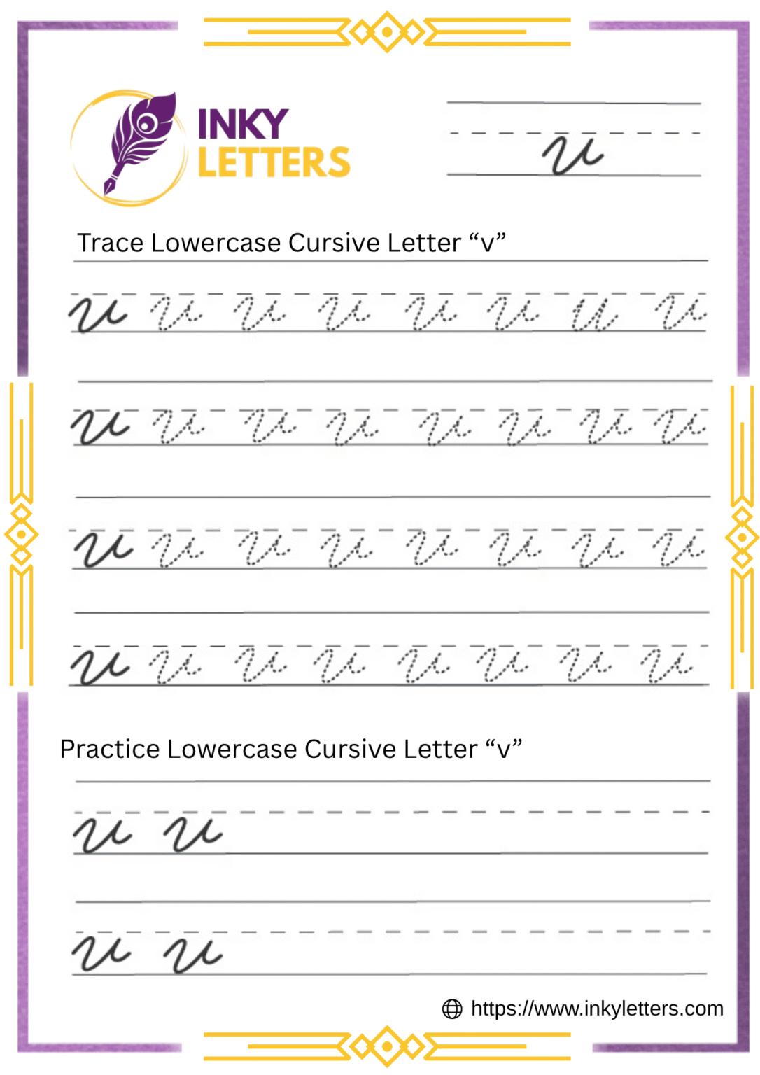 Cursive V - Worksheets and Tutorial (Uppercase + Lowercase)