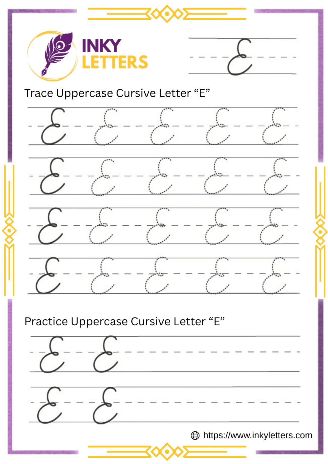 Cursive E - Worksheets and Tutorial (Uppercase + Lowercase)