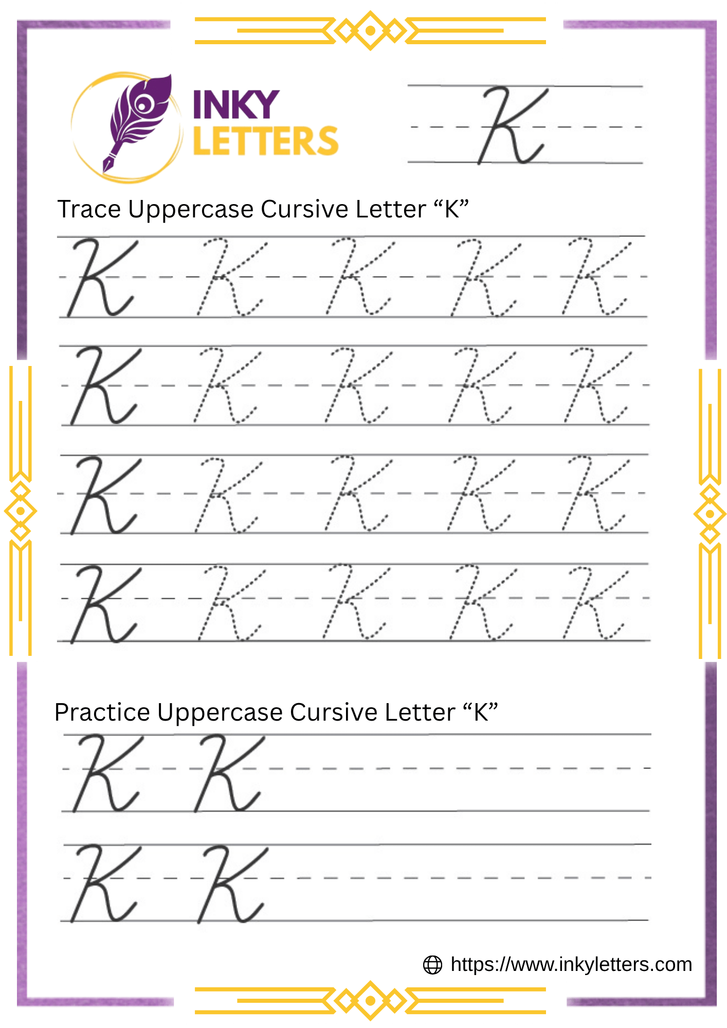 Cursive K - Worksheets and Tutorial (Uppercase + Lowercase)